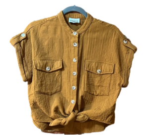 FRNCH Button-Down Popover Tie Short Sleeve Shirt, Mustard Yellow